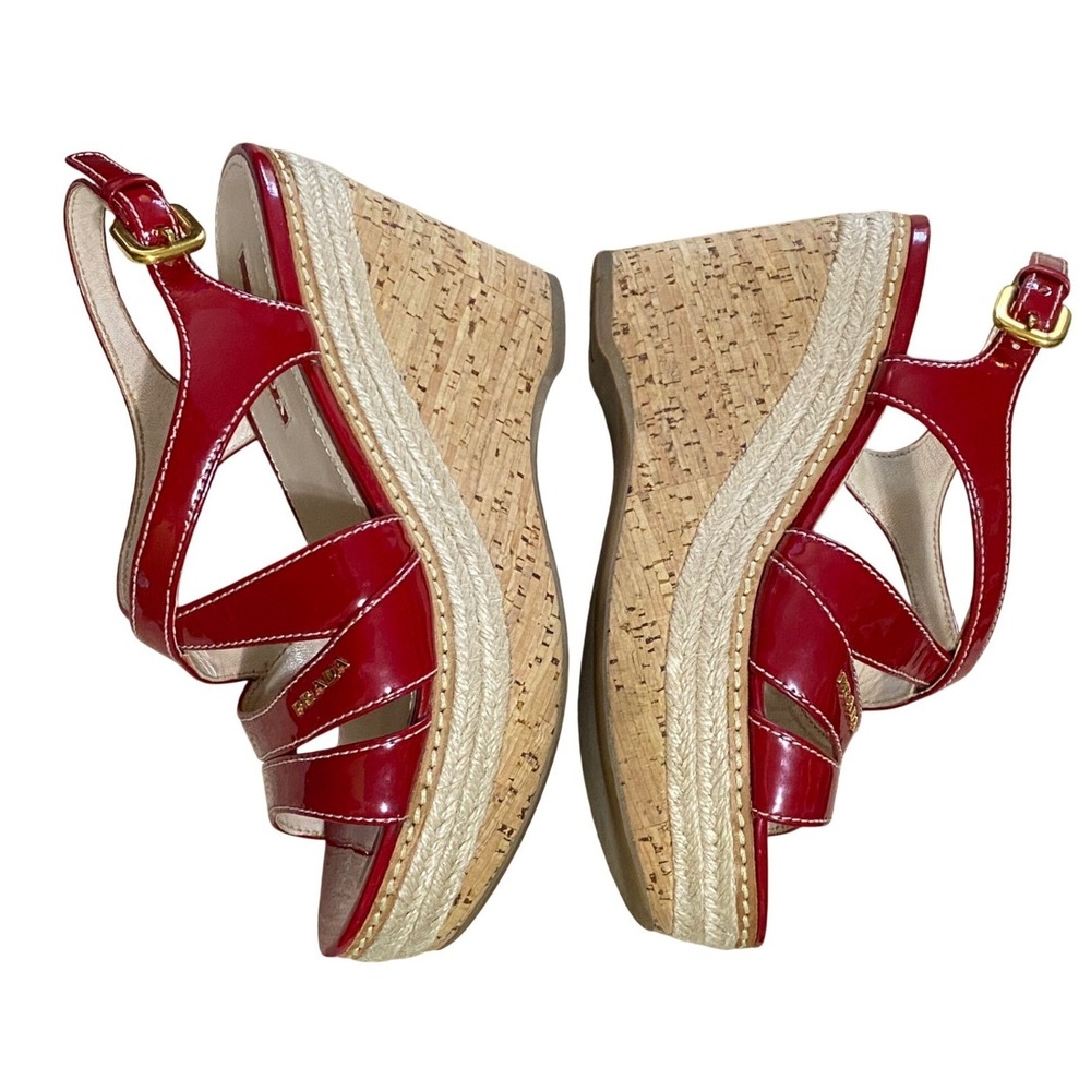 Prada Espadrille Wedge Slingback Sandals Red Patent Leather Size 5.5 Summer Chic - Picture 10 of 12